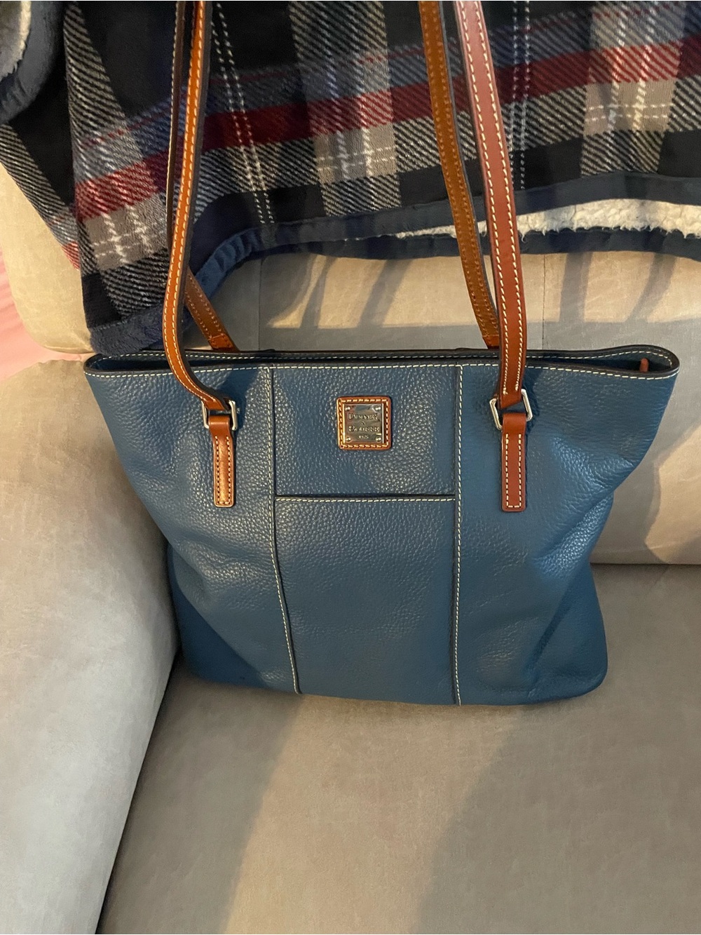 Dooney & Bourke Teal Pebbled Leather Shoulder Tote with Tan Straps